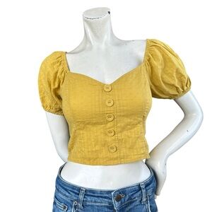 ModCloth Yellow Smocked Back Puff Sleeve Prairie Cropped Milkmaid Top Size Small